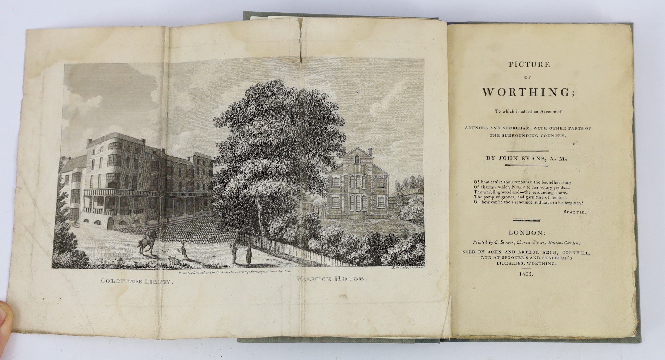 SUSSEX: A Tour to Worthing, or, Idle Hours not Idly Spent, containing a slight sketch of the country, anecdotes, & c. half title; old leather-backed paper boards, uncut, 1805; Evans, John - The Picture of Worthing (and)